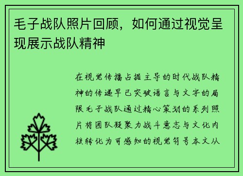 毛子战队照片回顾，如何通过视觉呈现展示战队精神