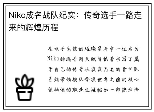 Niko成名战队纪实：传奇选手一路走来的辉煌历程